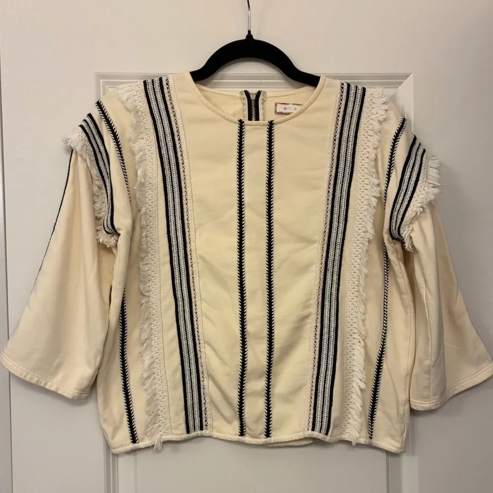 ANTHROPOLOGIE ERI + ALI Fringe Top Trim Black Cream Blouse Women’s Size XS - Picture 3 of 6